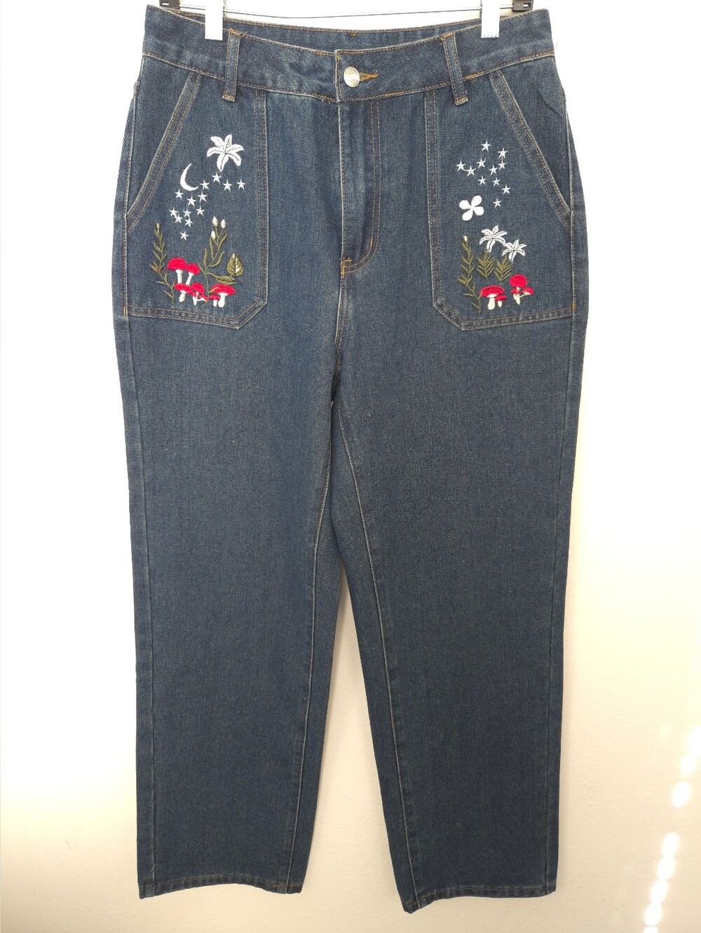 Embroidered Mushroom Floral Dark Blue Straight-Leg Stretch Women's Jeans